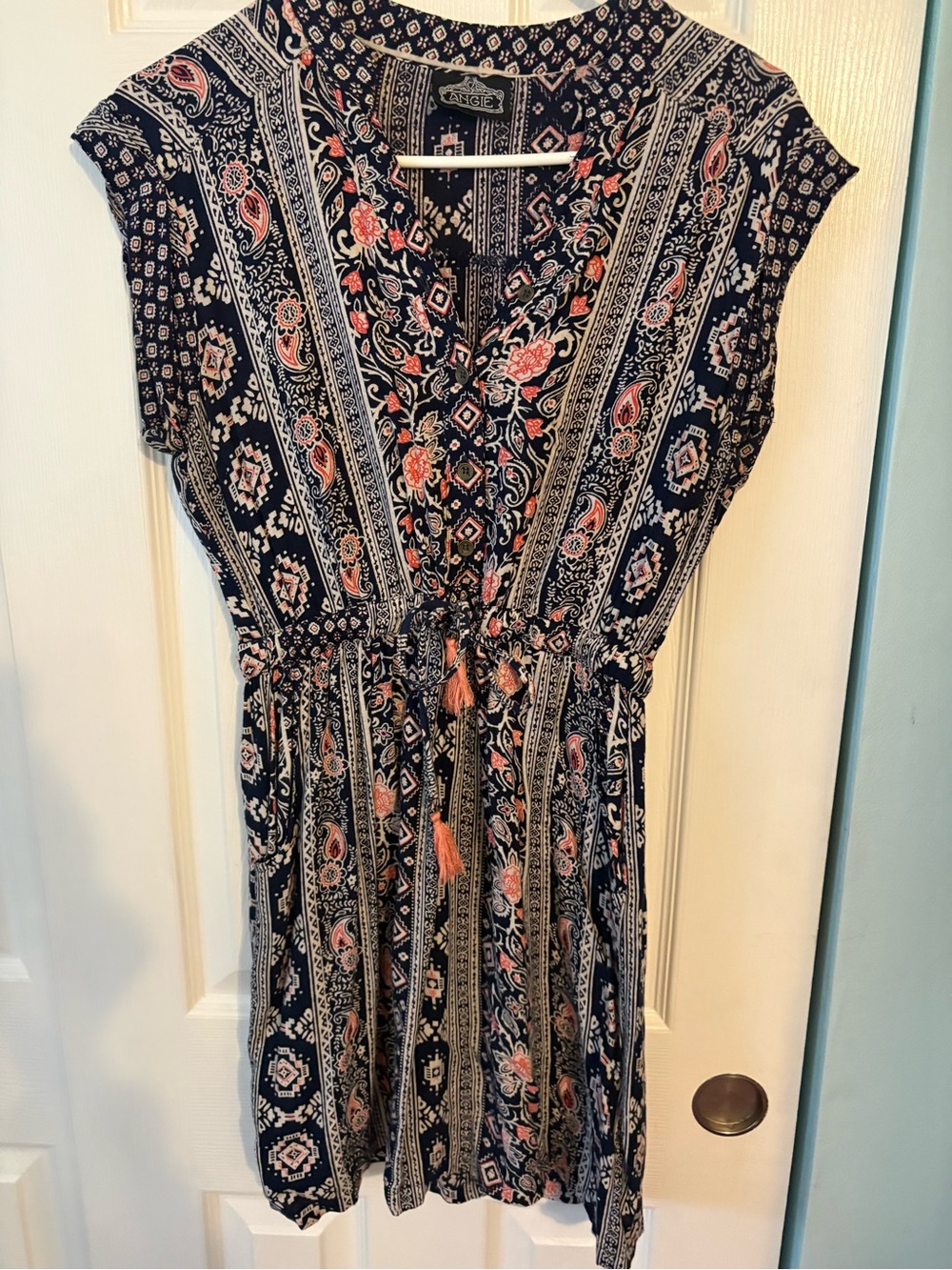 Angie Navy Floral Tie-Front Midi Dress with Coral Accents